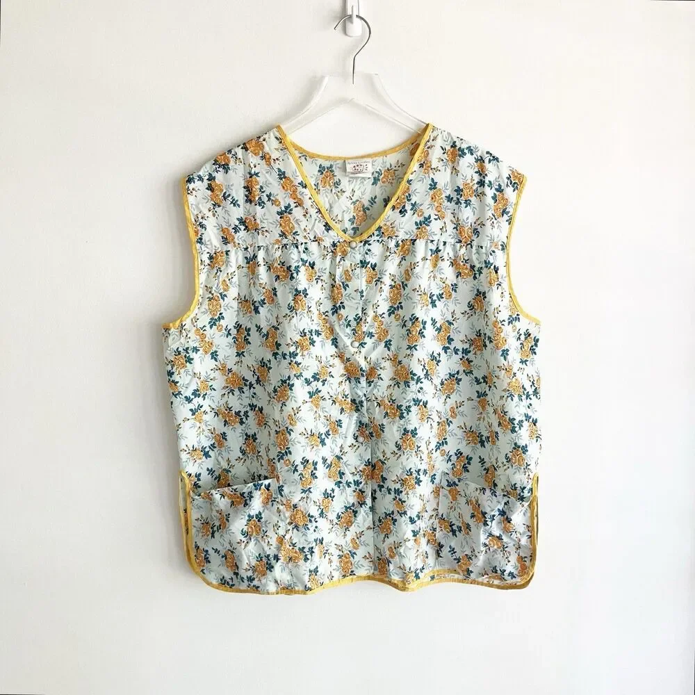 Vintage Artistic Creation Cobbler Smock Apron Womens 2X Floral Pockets Snaps